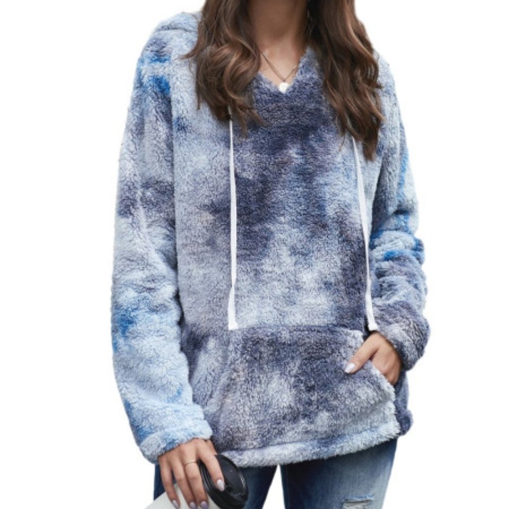 NWT Sherpa Hoodie Tie Dye So Soft Warm Jean Blue - Picture 2 of 4